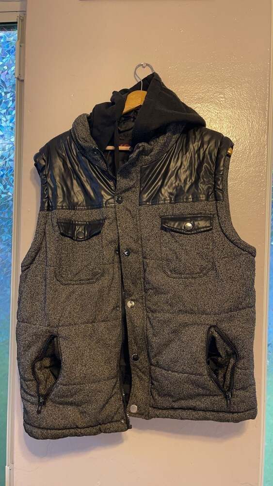 Men's Black & Grey Tweed Hooded Puffer Vest with Faux Leather Shoulders